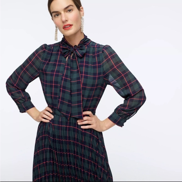 J. Crew Tie-neck Pleated A-line Dress In Black Watch Tartan - Picture 2 of 8